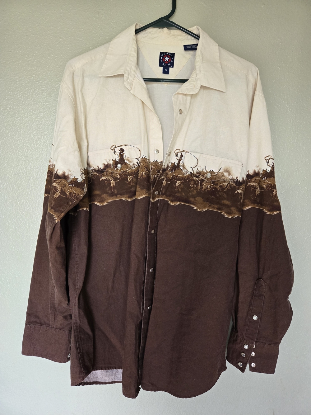 Vintage Panhandle Slim, Pearl Button Up Cowboy, Western, Cotton,Brown, Cream, XL
